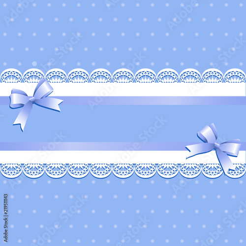 Light blue background with lilac ribbons and bows. Vintage background with lace border and satin ribbon with bows. Invitation card or shower template. Vector illustration.