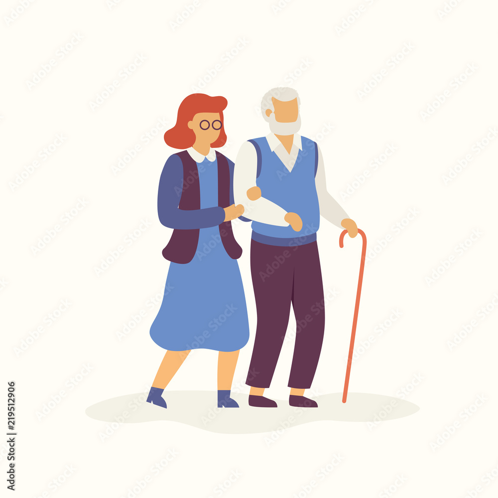 Elderly is walking in autumn concept Vector flat illustration. Aged man and woman going together isolated on light background. Old people cartoon characters minimalistic illustration. Elderly is walking in autumn concept Vector flat illustration. Aged man and woman going together isolated on light background. Old people cartoon characters minimalistic illustration.