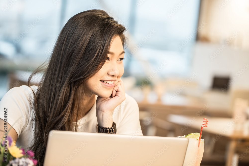 Beautiful Attractive Asian young woman smile and working with computer laptop for business Startup feeling so happiness and confident,Business Concept Beautiful Attractive Asian young woman smile and working with computer laptop for business Startup feeling so happiness and confident,Business Concept