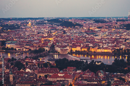 Scenic spring sunset aerial view of the Old Town pier architecture and Charles Bridge over Vltava river in Prague  Czech Republic
