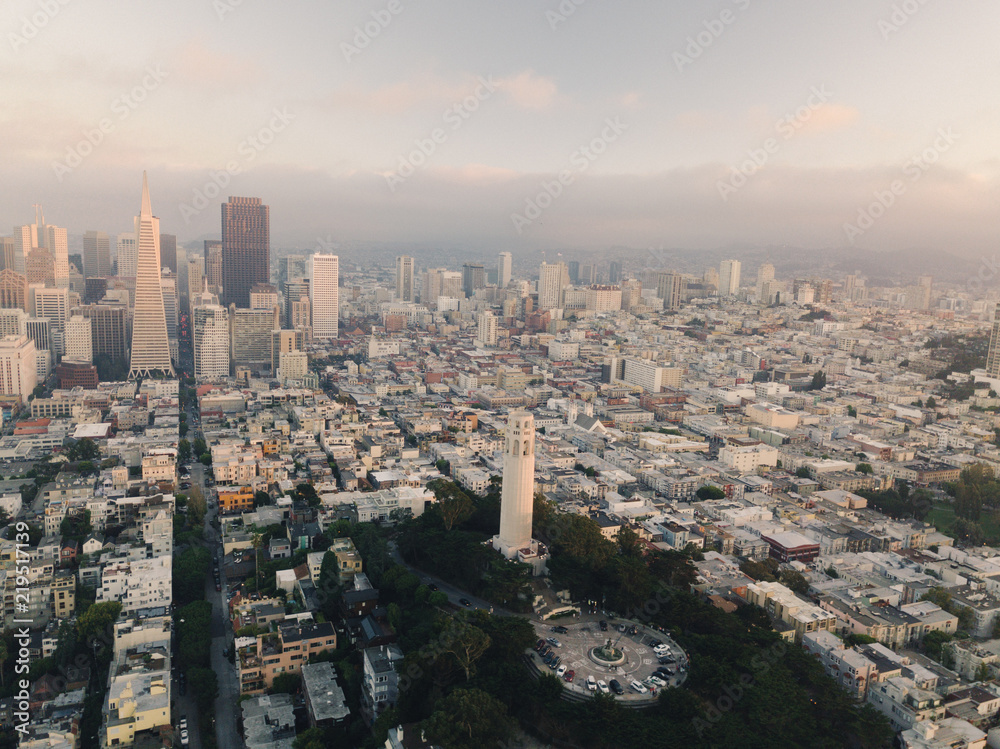 Aerial Drone Shot Coit Tower San Francisco California the City Background