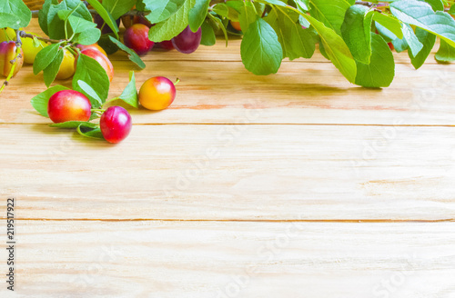 fresh plums with leaves on a light rural wooden table. The concept of autumn harvest.