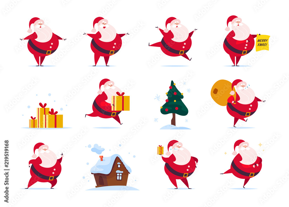 Vector set of flat funny Santa Claus character isolated on white ...