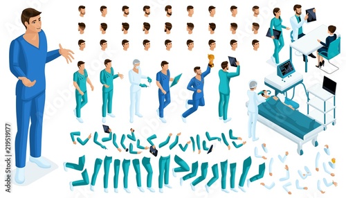 Isometric Constructor of a doctor, surgeon with a set of gestures and emotions. Create your character