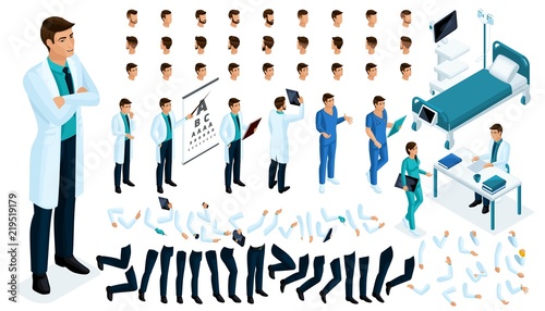 Isometric Constructor of a doctor, surgeon with a set of gestures and emotions. Create your character. A large set of accessories for the hospital