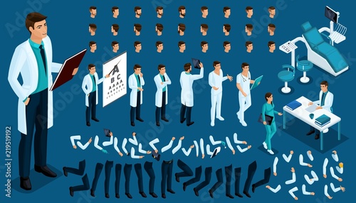 Isometric Constructor of a doctor, surgeon with a set of gestures and emotions. Create your character. A large set of accessories for the hospital worker