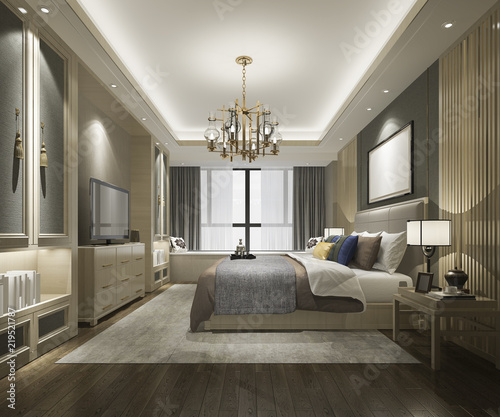 3d rendering beautiful luxury chinese bedroom suite in hotel with tv