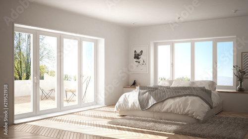 Scandinavian white minimalist bedroom with panoramic window, fur carpet and herringbone parquet, modern architecture interior design photo