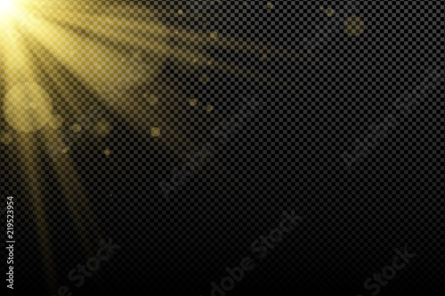 Golden light effect on on a dark transparent background. Golden galres bokeh. Bright flares. Gold rays. Magic explosion. Sunlight. Christmas light. Vector illustration