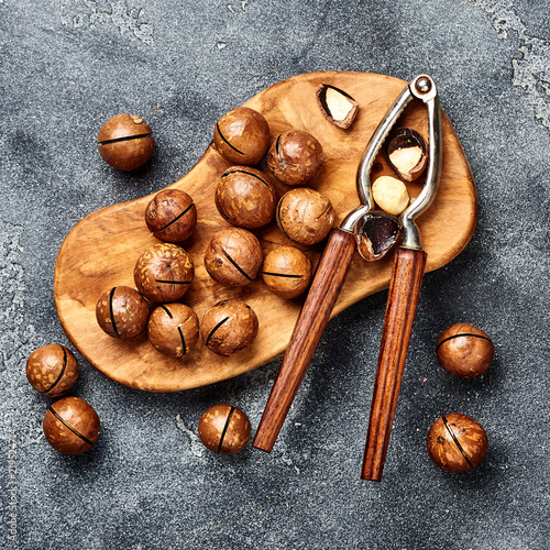 Unshelled macadamia nuts on gray background. Top view. photo