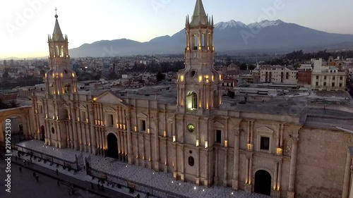 Basilica Cathedral of Arequipa drone aerial view.  The Basilica Cathedral of Arequipa is located in the Plaza de Armas of the city of Arequipa, province of Arequipa, Peru. It is the most important Cat photo