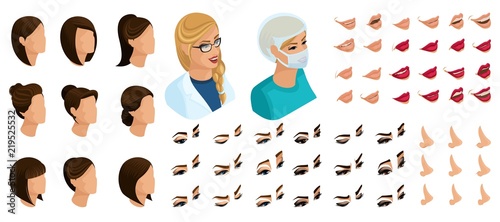 Isometrics create your emotions for a sweet woman doctor. Sets of 3D hairstyles, faces, eyes, lips, nose, facial expression. Qualitative vector isometry