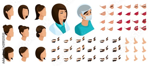 Isometrics create your emotions for a woman doctor and surgeon. Sets of 3D hairstyles, faces, eyes, lips, nose, facial expression