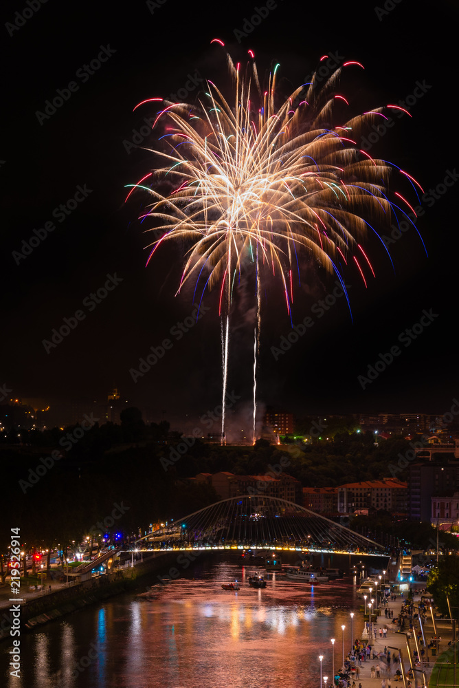 Fireworks during the festival of Aste Nagusia from La Salve bridge in Bilbao, Spain Fireworks during the festival of Aste Nagusia from La Salve bridge in Bilbao, Spain