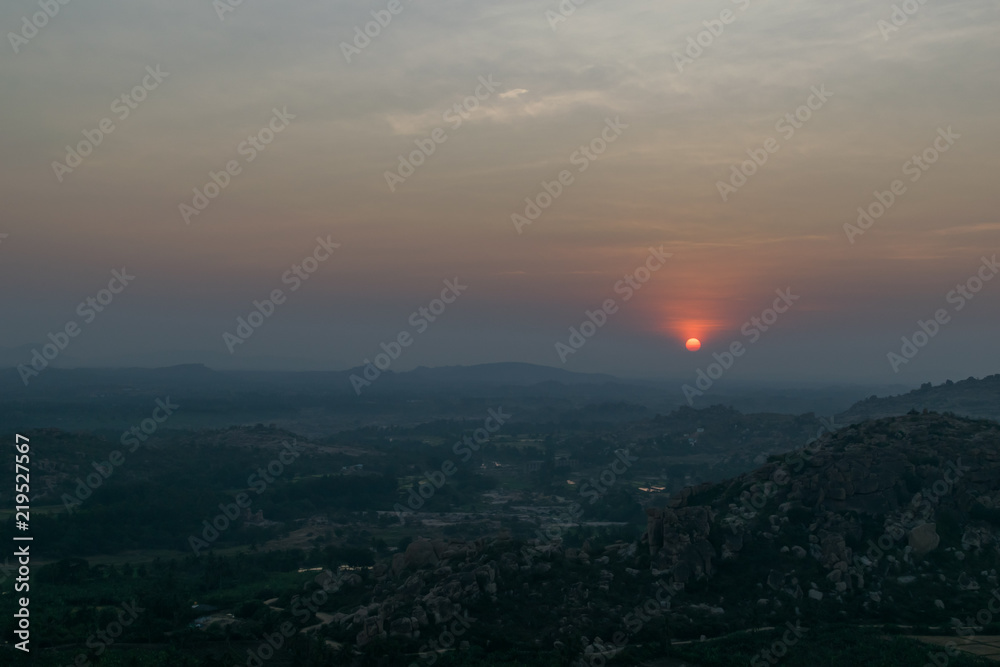 Beautiful sun set view from Hanuman Temple, Hampi, India