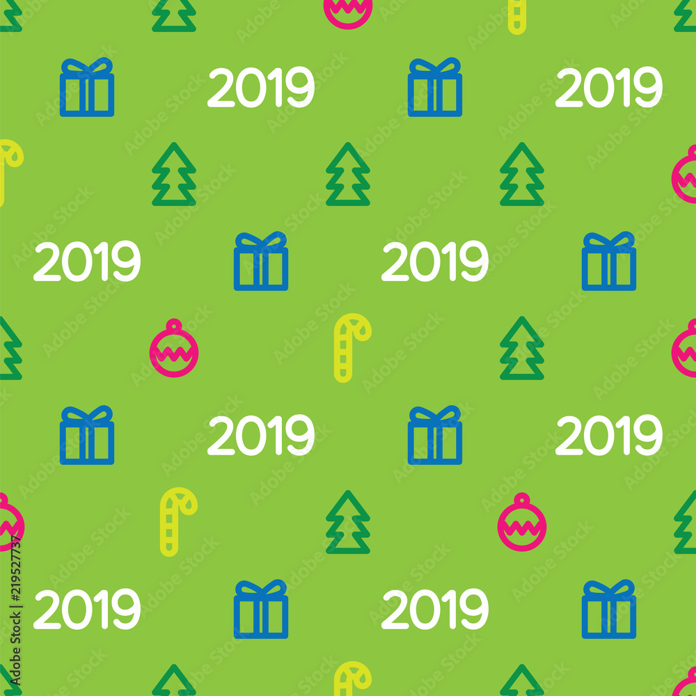 New Year 2019 pattern with gifts, Christmas tree and decorative ornaments. Pattern for congratulations on New Year and Christmas. New Year 2019 pattern with gifts, Christmas tree and decorative ornaments. Pattern for congratulations on New Year and Christmas.