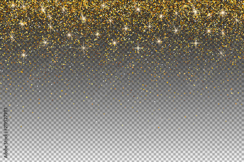 Gold glitter particles on transparent background. Lights Shine effect for your design. Gold falling particles for greeting card, invitation.