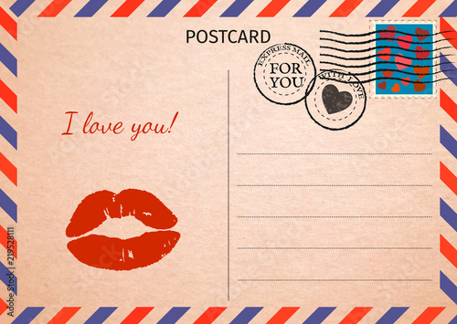 Postcard. Red lips and words I love you. Air Mail. Postal card illustration for your design. Vintage Postcard. Old paper texture.