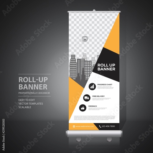 Roll up banner design template, vertical, abstract background, pull up design, modern x-banner, rectangle size. 