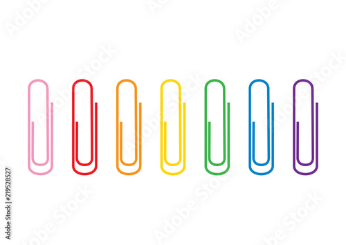 Seven paper clips of rainbow colors