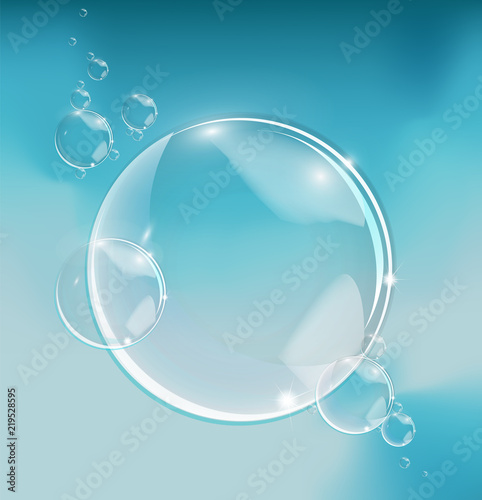 Bubbles in water on blue background horizontal vector. Circle and liquid, light design, clear soapy shiny.