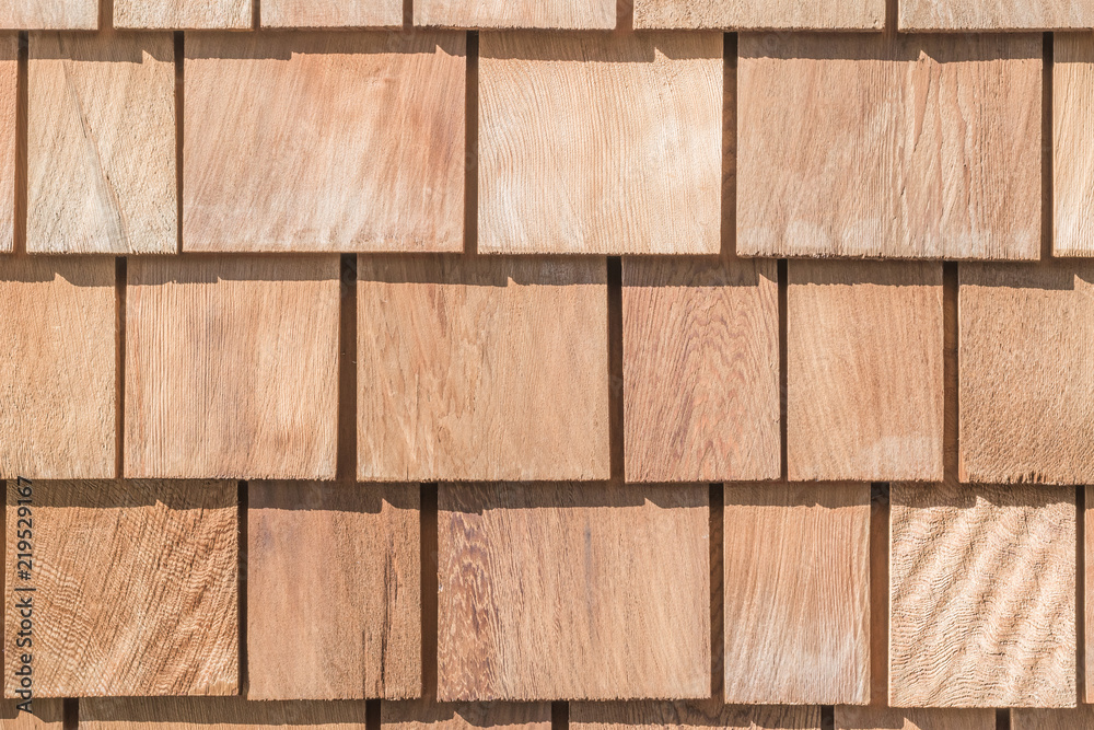 Obraz premium Shingle red cedar wooden shake wood siding row roof panel made of larch conifer tree