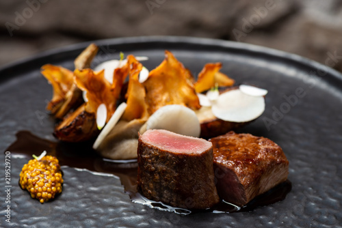 Fine dining Venison Steak with sweet potato and vegetables