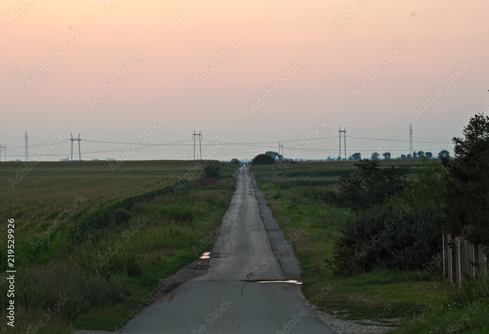Sunset over empty countryside road, summer landscape