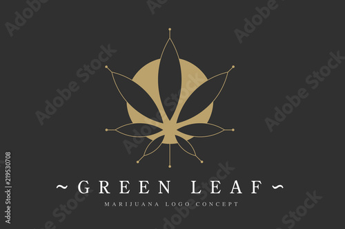Cannabis marijuana hemp green leaf flat symbol or logo design. Cannabis green silhouette ecology logo. Hemp emblem for the logo design packaging of goods, food, for the creation of printed products.