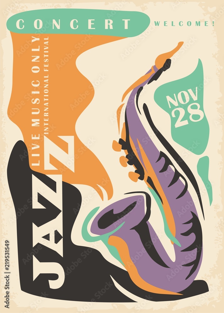 Plakat Jazz poster design idea with artistic drawing of saxophone. Colorful music ad for jazz concert festival.