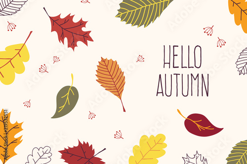 Colorful falling leaves with Hello Autumn text. 