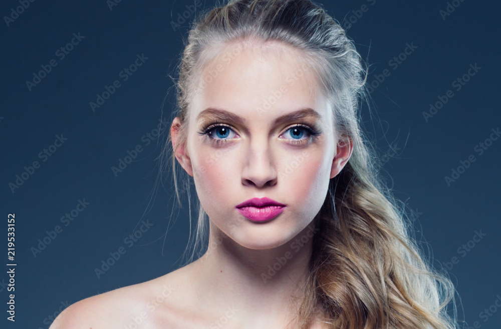 Beautiful blonde hair woman with beauty makeup pink lipstick Beautiful blonde hair woman with beauty makeup pink lipstick