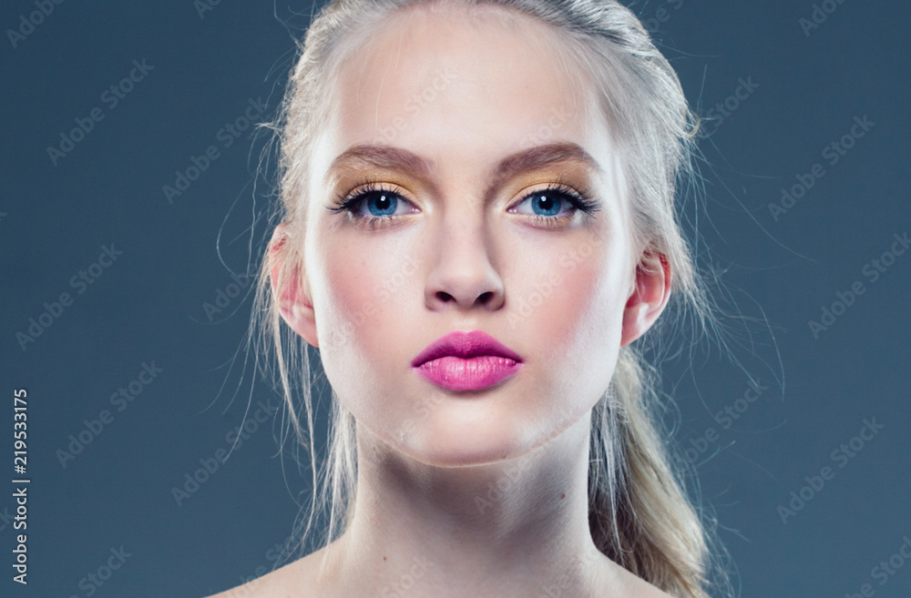 Beautiful blonde hair woman with beauty makeup pink lipstick Beautiful blonde hair woman with beauty makeup pink lipstick