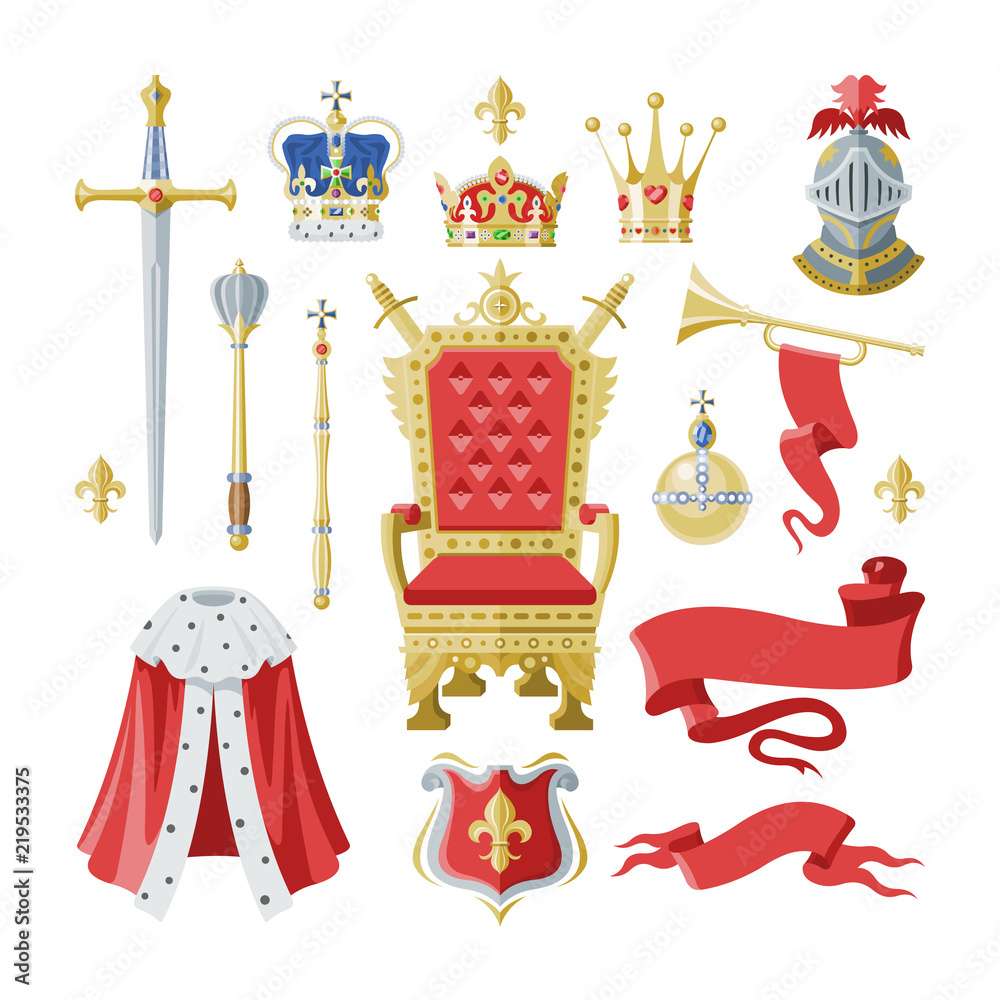 Royalty vector golden royal crown symbol of king queen and princess  illustration sign of crowning prince authority set of knightman helmet and  throne isolated on white background Stock Vector | Adobe Stock