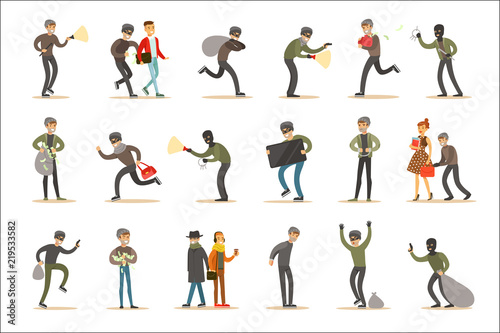 Burglars, Muggers And Thieves Set Of Smiling Criminals At The Crime Scene Stealing Vector Illustrations