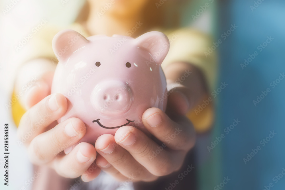 Female hand holding piggy bank. Save money and financial investment Female hand holding piggy bank. Save money and financial investment