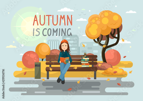 Autumn is coming. Young woman reading books outdoor on the bench in the city park. Vector illustration.