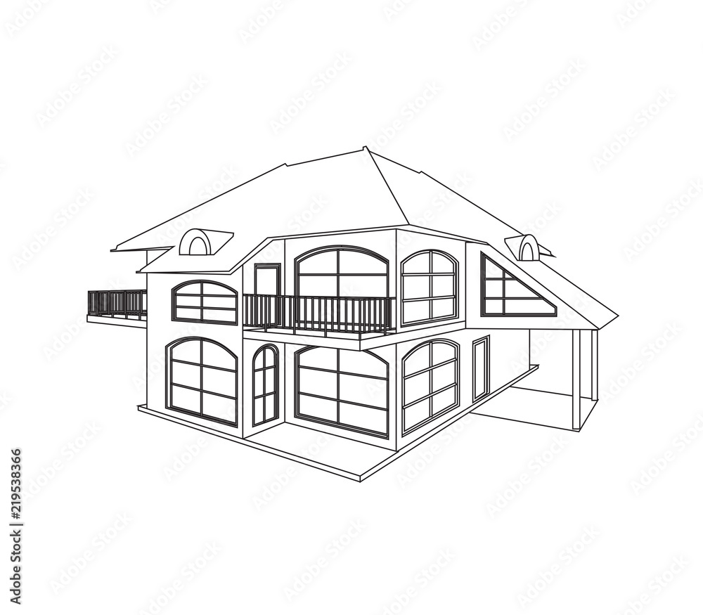 Sketch design of a modern private house with two floors, vector illustration on the white