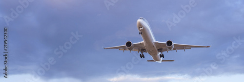 Commercial passenger jet aircraft landing at the airport.