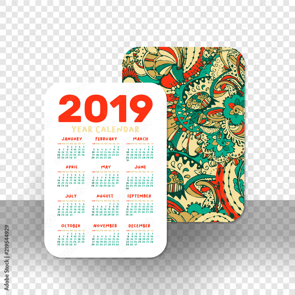 Obraz premium 2019 Pocket Calendar Basic Grid. Vector Vertical Orientation. White Printable Template on Transparet Background. Doodles Numbers. Week starts on Sunday. Xmas or New Year Theme, Christmas Poster Design