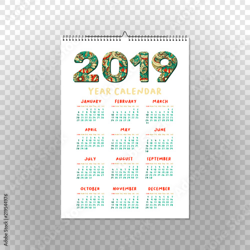 2019 Year Calendar. Xmas or Happy New Year Holiday Design. Isolated Vector Poster. Vertical Template