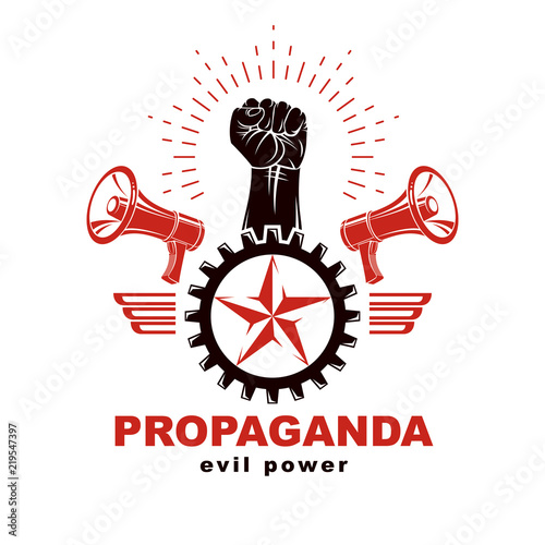 Vector emblem composed with strong raised clenched fist surrounded by cog wheel, freedom wings and loudspeakers. Proletarian leader abstract symbol.