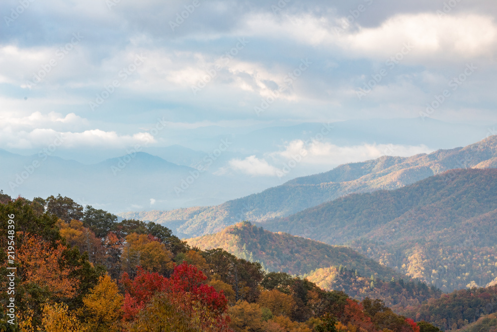 Beautiful fall colors trees and mountain vista autumn cloudy day, copy space, horizontal aspect