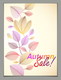 Design vertical banner with Autumn typing logo, fall red and yellow leaves frame composition background. Card for autumn season, promotion offer. Stylish classy botanical drawing, environment.
