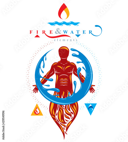Vector illustration of human being standing, mythic ancient god. Prometheus surrounded by a water ball, water and fire diversity and harmony.