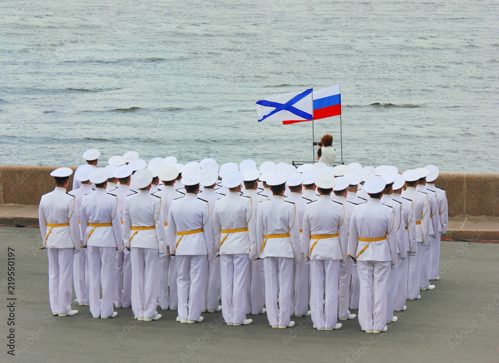 Naval Officers of Russian Army in White Formal Uniform at Navy Parade  Rehearsal in St. Petersburg,