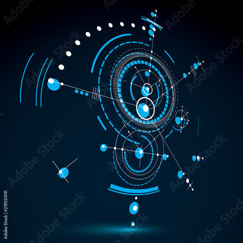 Bauhaus art  perspective modular vector wallpaper made using circles and lines. Retro style blue pattern  graphic backdrop for use as booklet cover template. Illustration of engineering system.