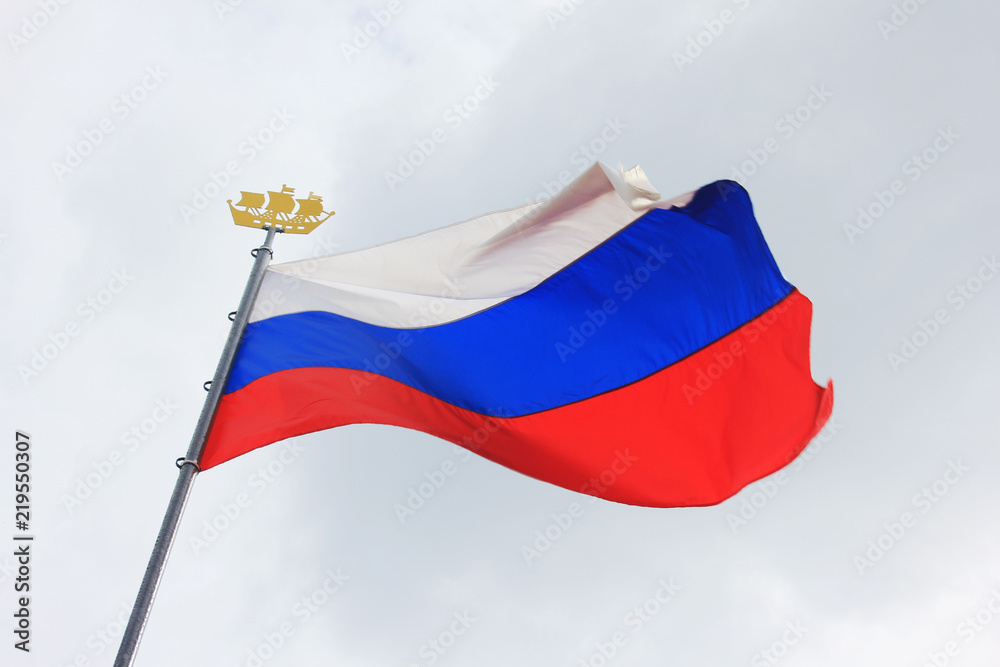 Russia flag waving cloudy sky background