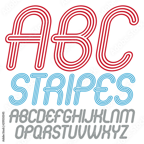 Set of trendy modern vector capital alphabet letters isolated. Disco cursive rounded font for use as business poster design elements. Created using geometric triple stripes