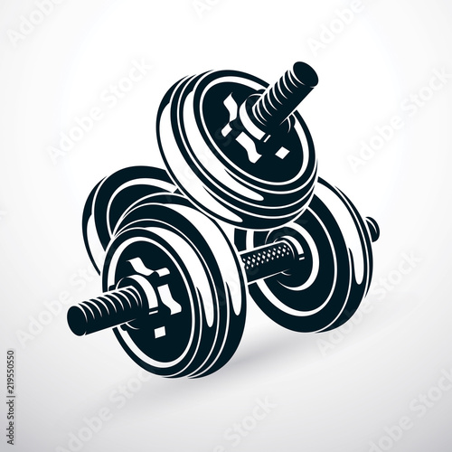 Dumbbell vector illustration isolated on white composed with disc weight. Sport equipment for weight lifting and cross fit training.